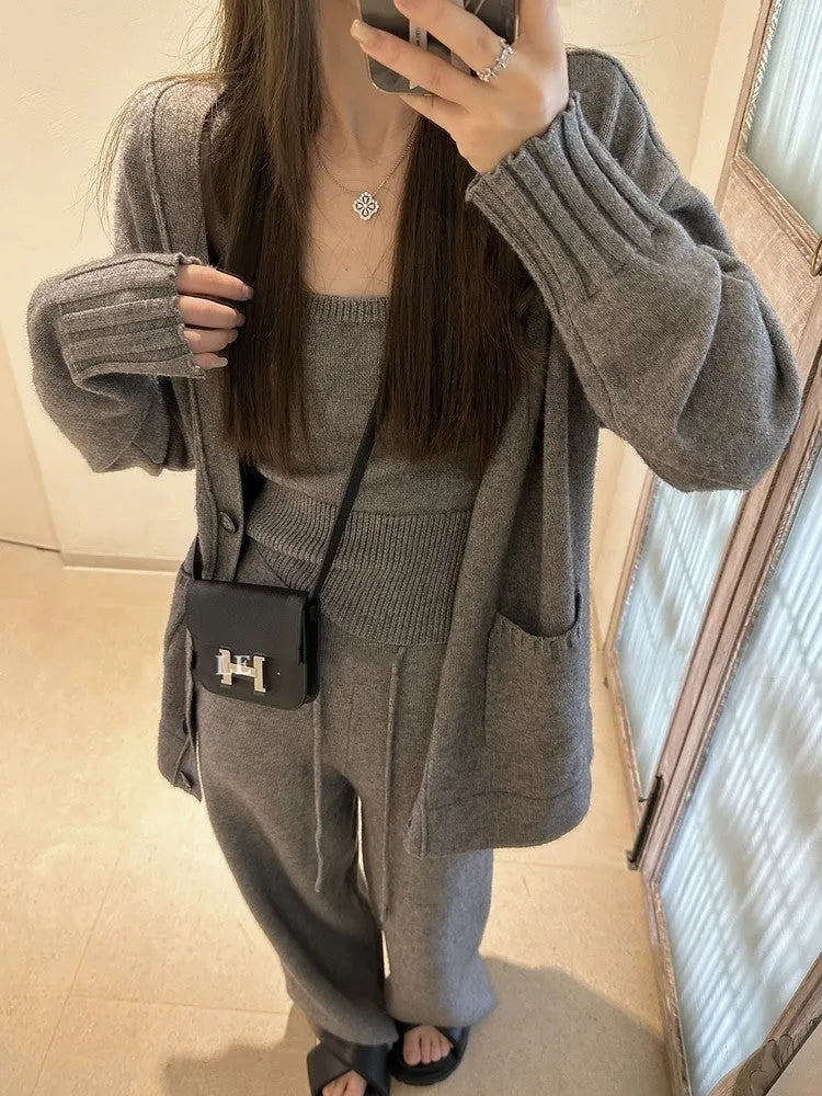 Women's knit cardigan vest suspender pants three-piece set in Japanese Korean casual style