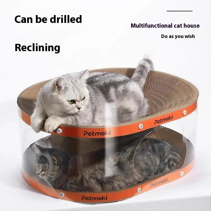 White transparent cat scratch board and nest tunnel measuring 58cm by 45cm by 23cm