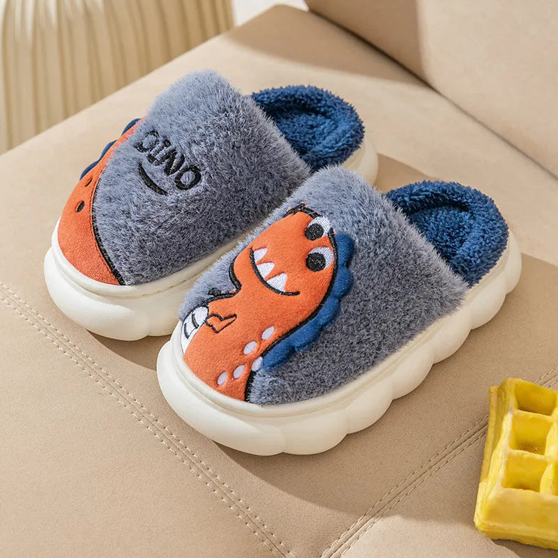 Plush cotton couple slippers with dinosaur print in grey, coffee, or orange colours.