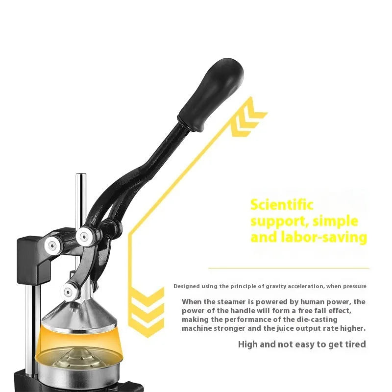 Tall black cast iron manual citrus juicer with stainless steel strainer on a kitchen counter.