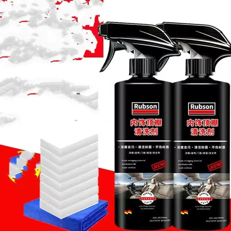 UL ultrasonic fabric roof foam decontamination cleaner bottle with towel and sponge wipes for vehicle ceilings.