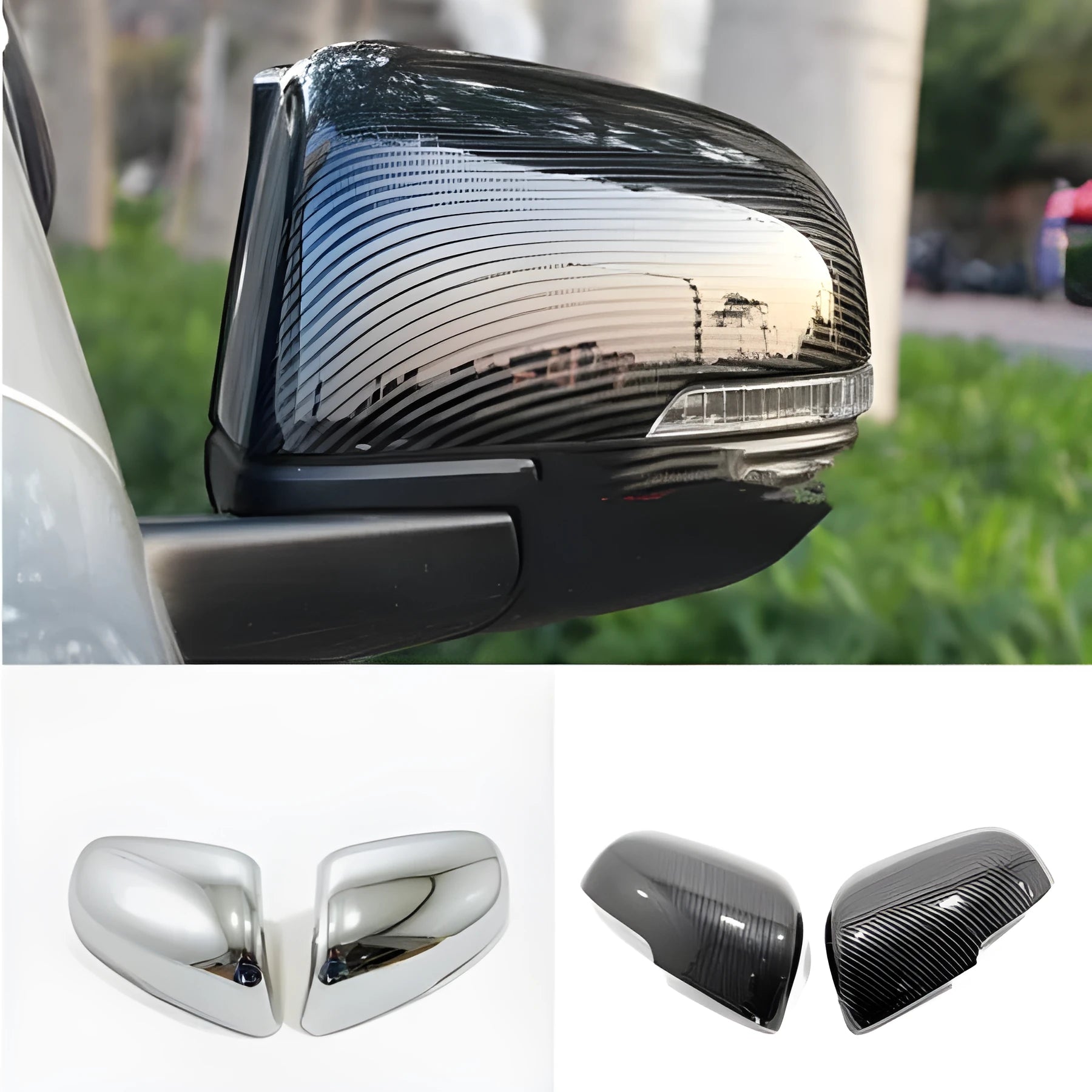 Plastic rearview mirror protection covers in silver and black finishes