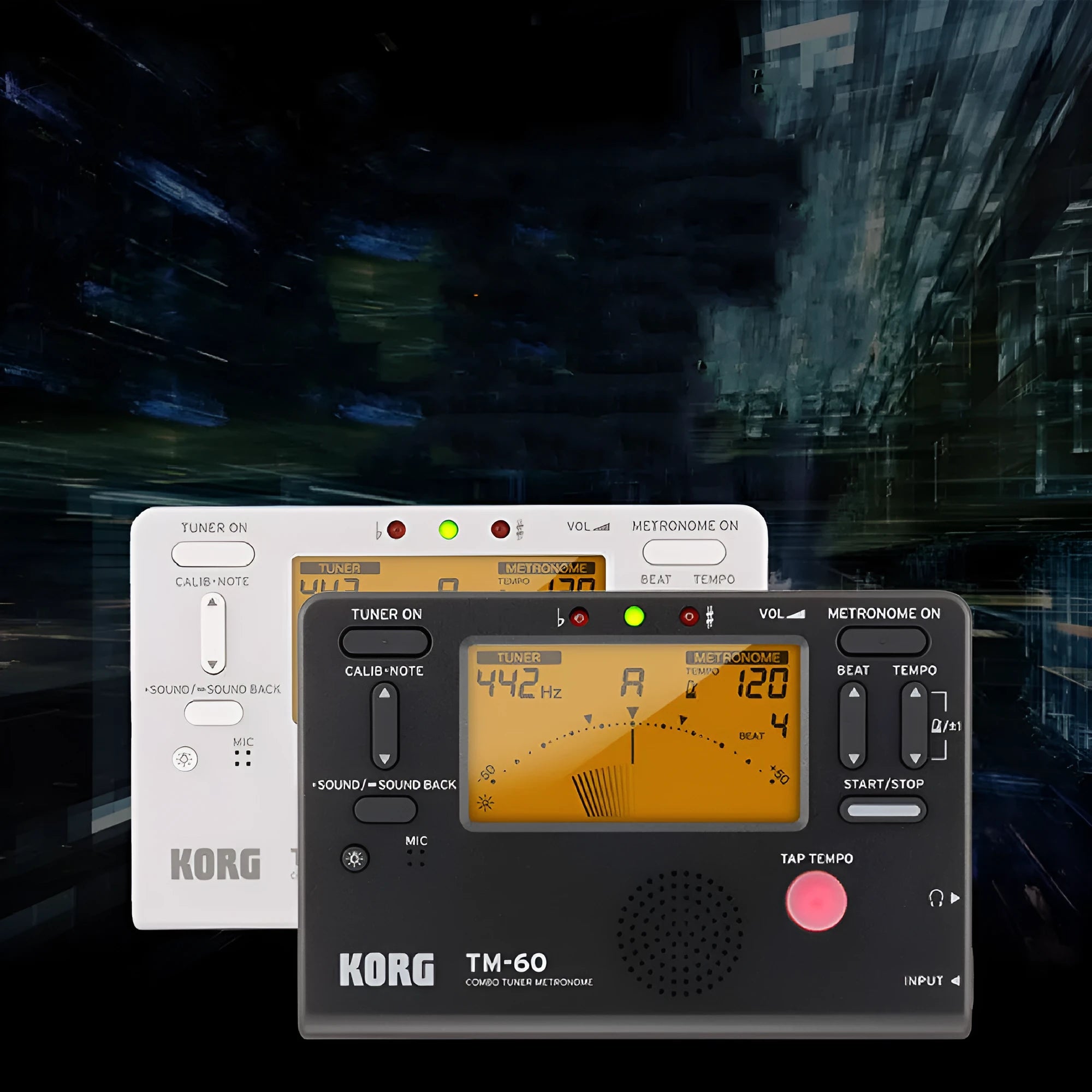 TM-60 black and white universal electronic metronome and tuner on a table.