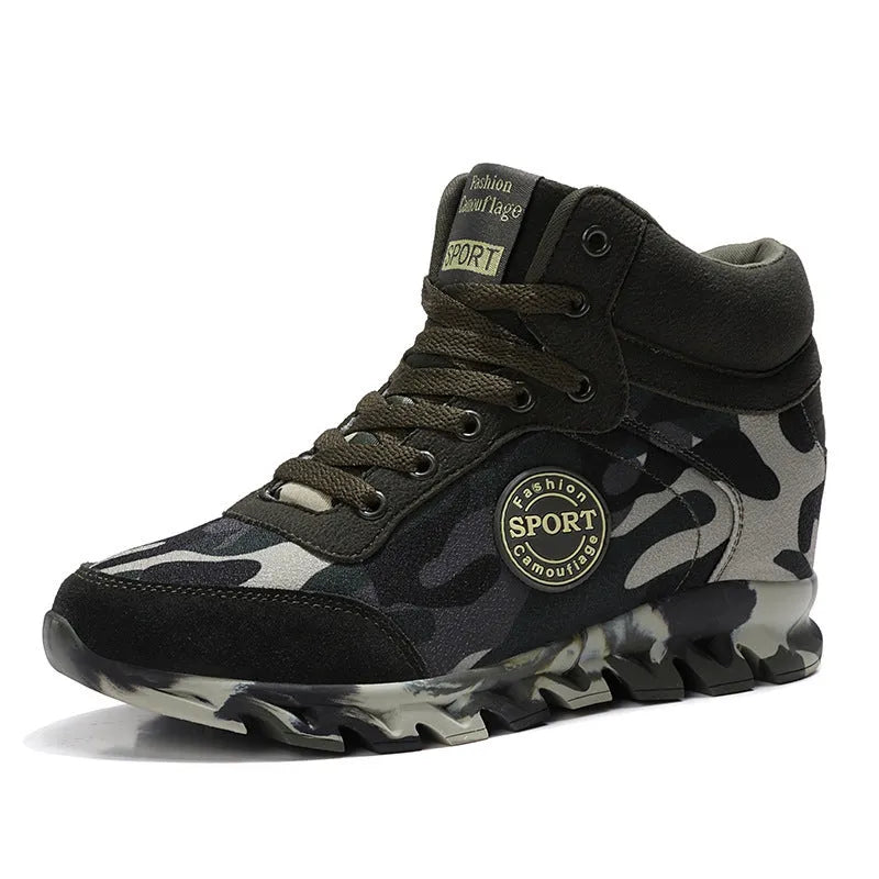 Green camouflage pattern women's canvas sneakers with rubber sole on a white background.
