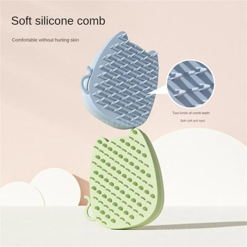 Blue silicone sponge pet grooming brush with two types of comb teeth on a white background.