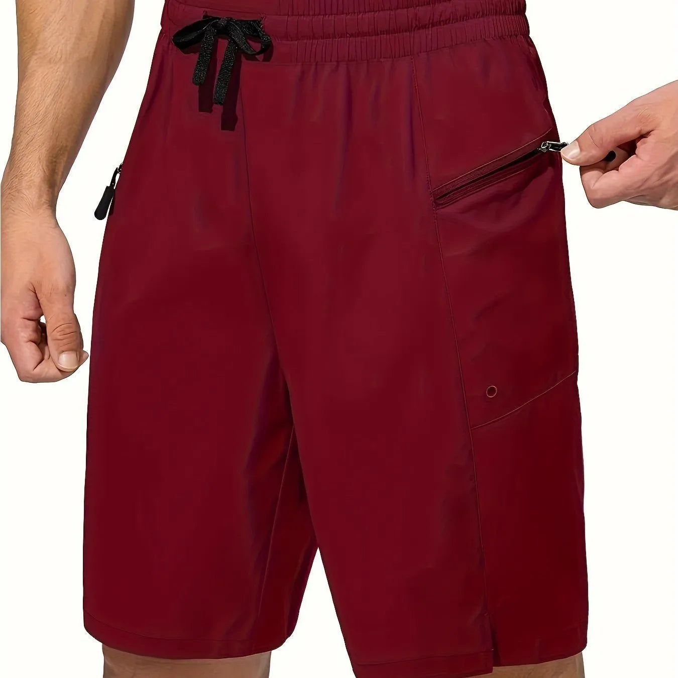 Men's solid colour quick-drying polyester beach shorts in straight leg cut