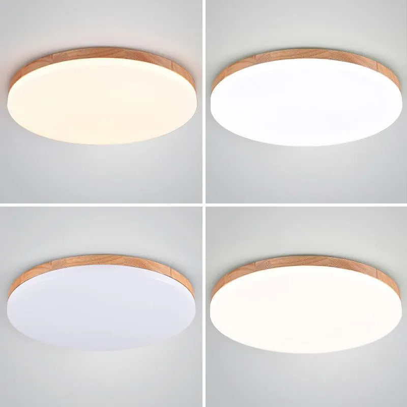 Japanese minimalist wood and acrylic LED ceiling lamp with three colour light settings.