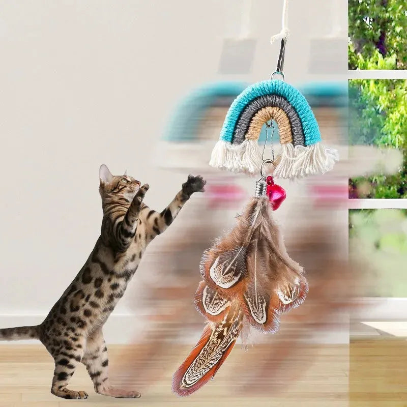 Blue feather cat rope door toy with elastic swing and sticky buckle clamp for feline entertainment