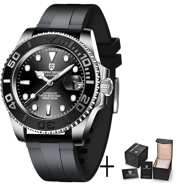 Men's automatic mechanical watch with 40mm stainless steel dial, luminous hands, and steel bracelet