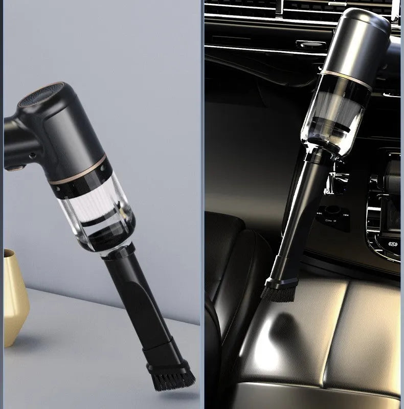 Black wireless car vacuum cleaner with multiple attachments including brushes and nozzles