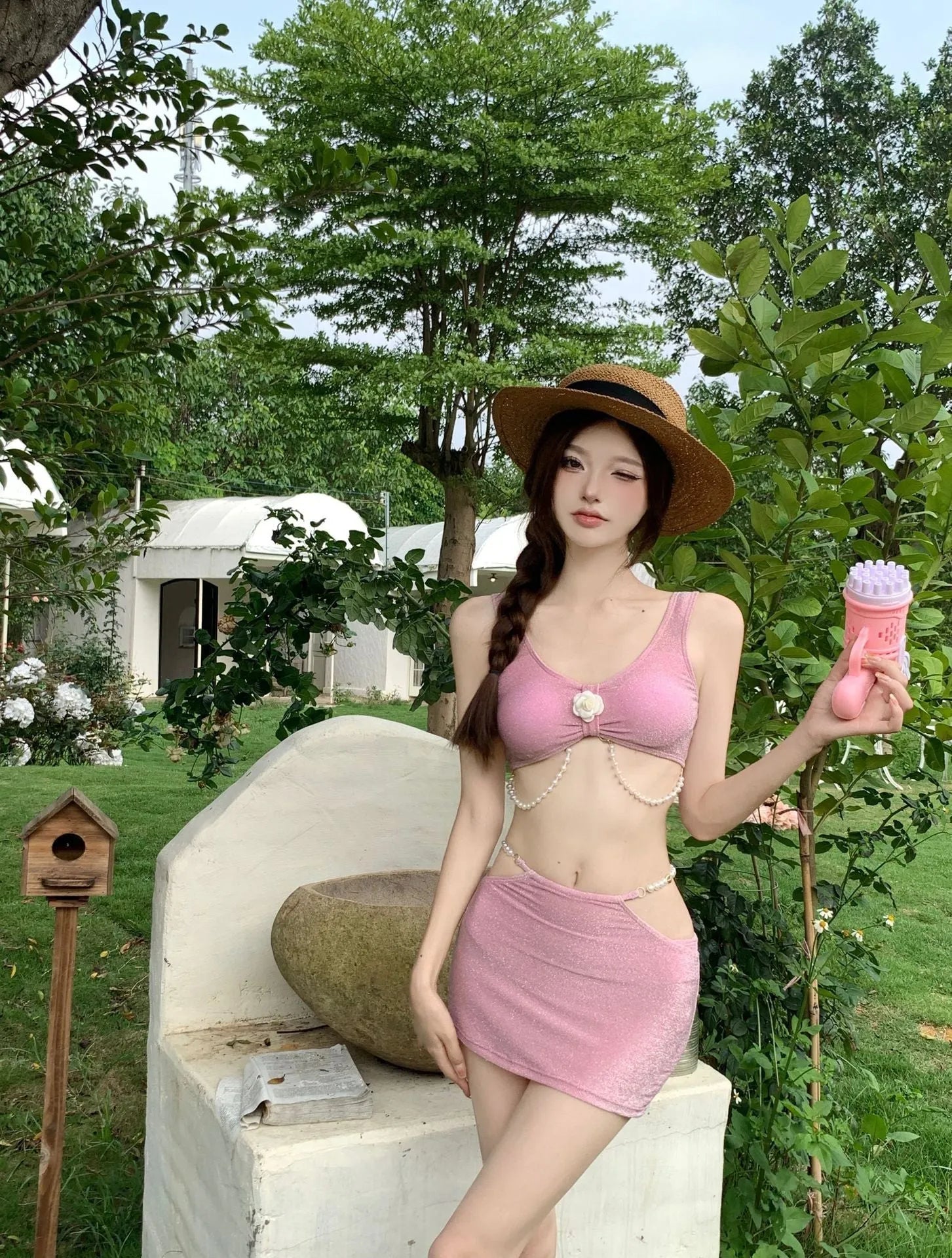 Women's three-piece bikini swimsuit set in black or pink colour with briefs style design