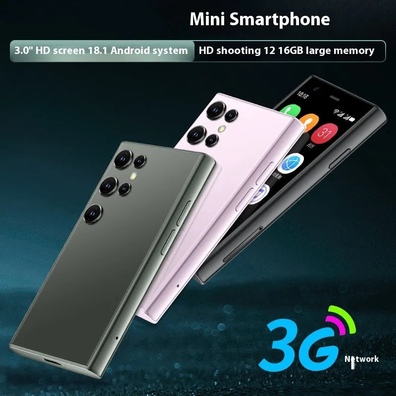 Mini Android smartphone with 30cm screen in black, green or pink purple colours showing compact design