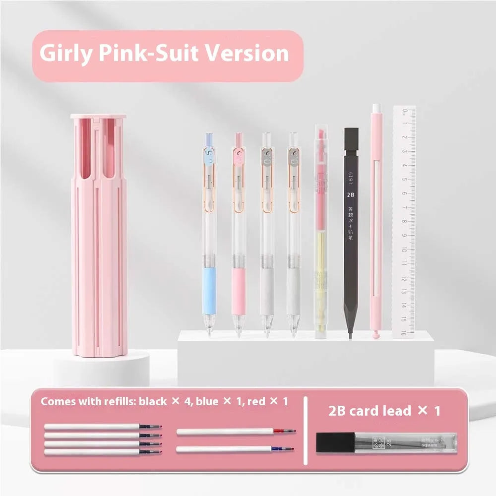Six pen pencil case set with pressing pen in plastic construction available in Sky Blue, Vigorous White and Girl Pink colours