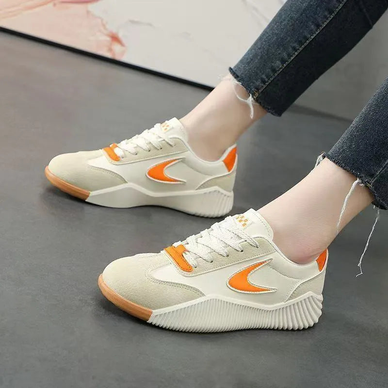 Artificial PU leather casual sneakers with flower pattern, flat heel, round toe, available in beige orange colour