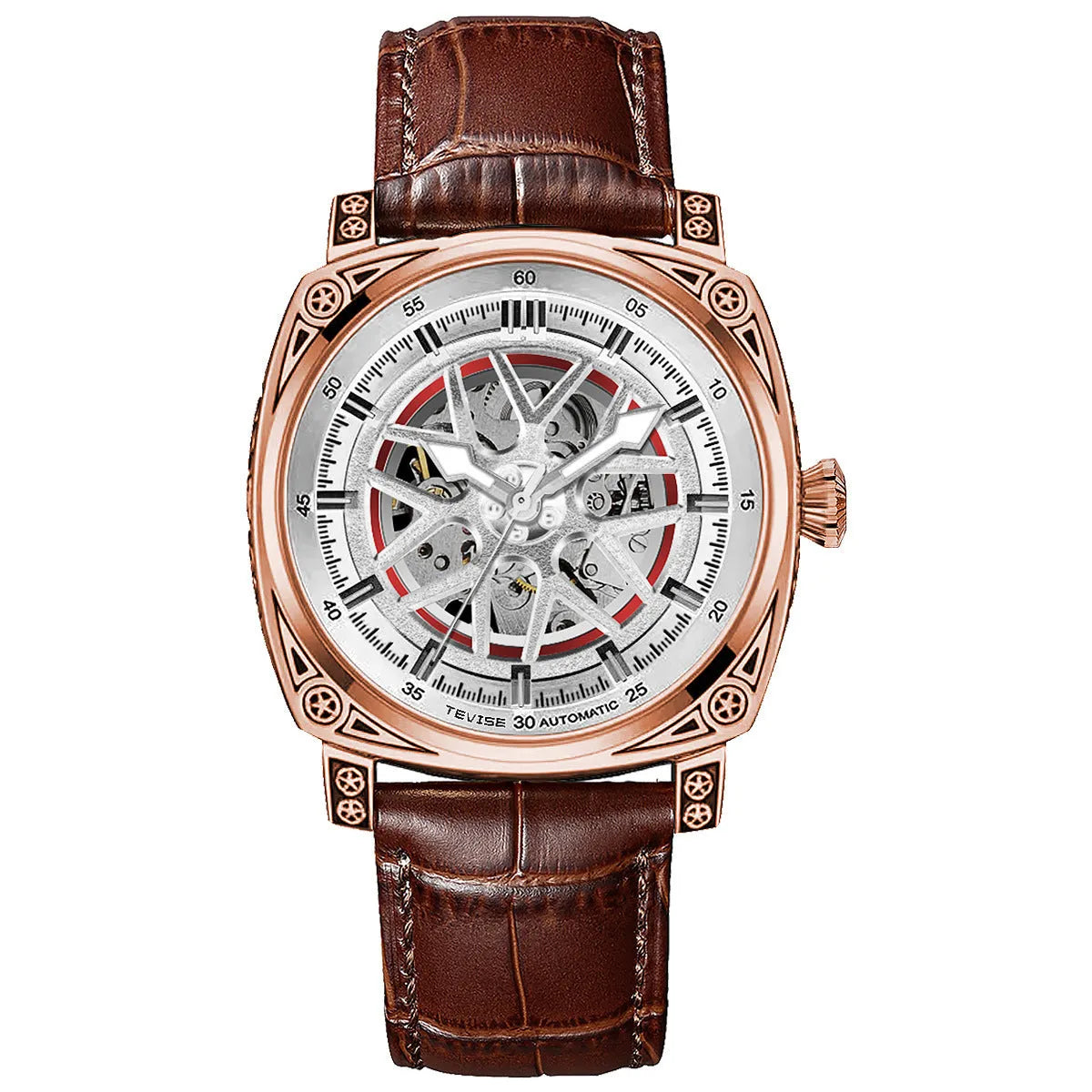 Men's stainless steel automatic watch with blue leather strap showing analogue dial