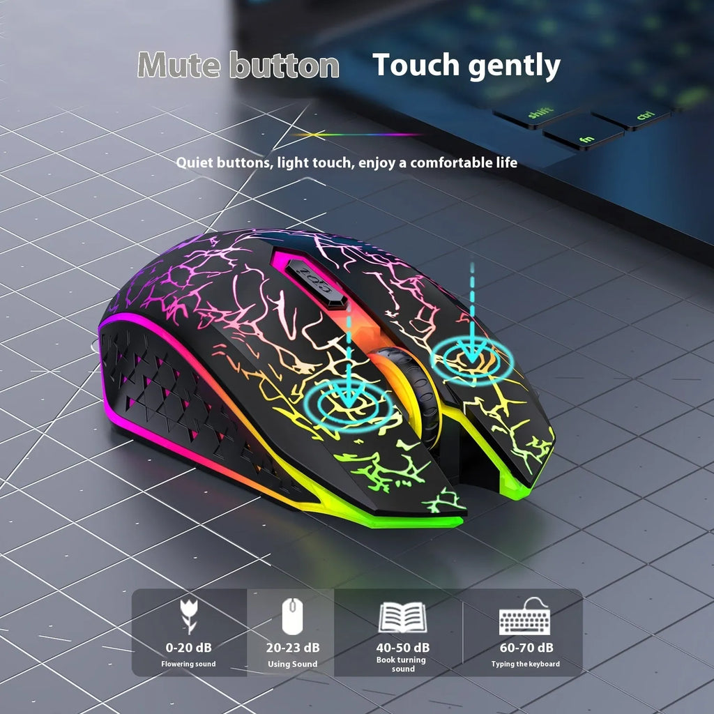 Black and white wireless gaming mouse with breathing lights showing Bluetooth and 2.4G connectivity options