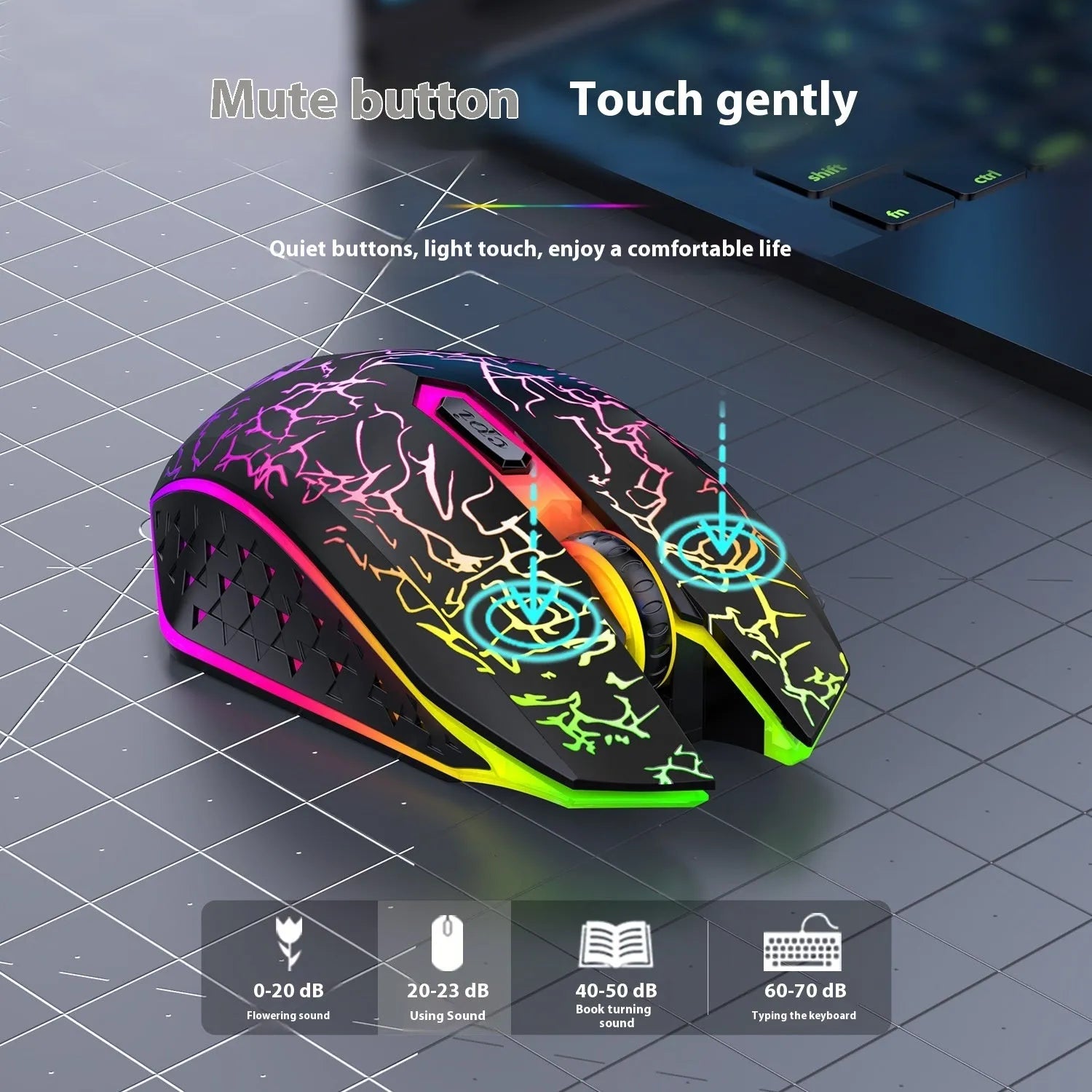 Black and white wireless gaming mouse with breathing lights showing Bluetooth and 2.4G connectivity options