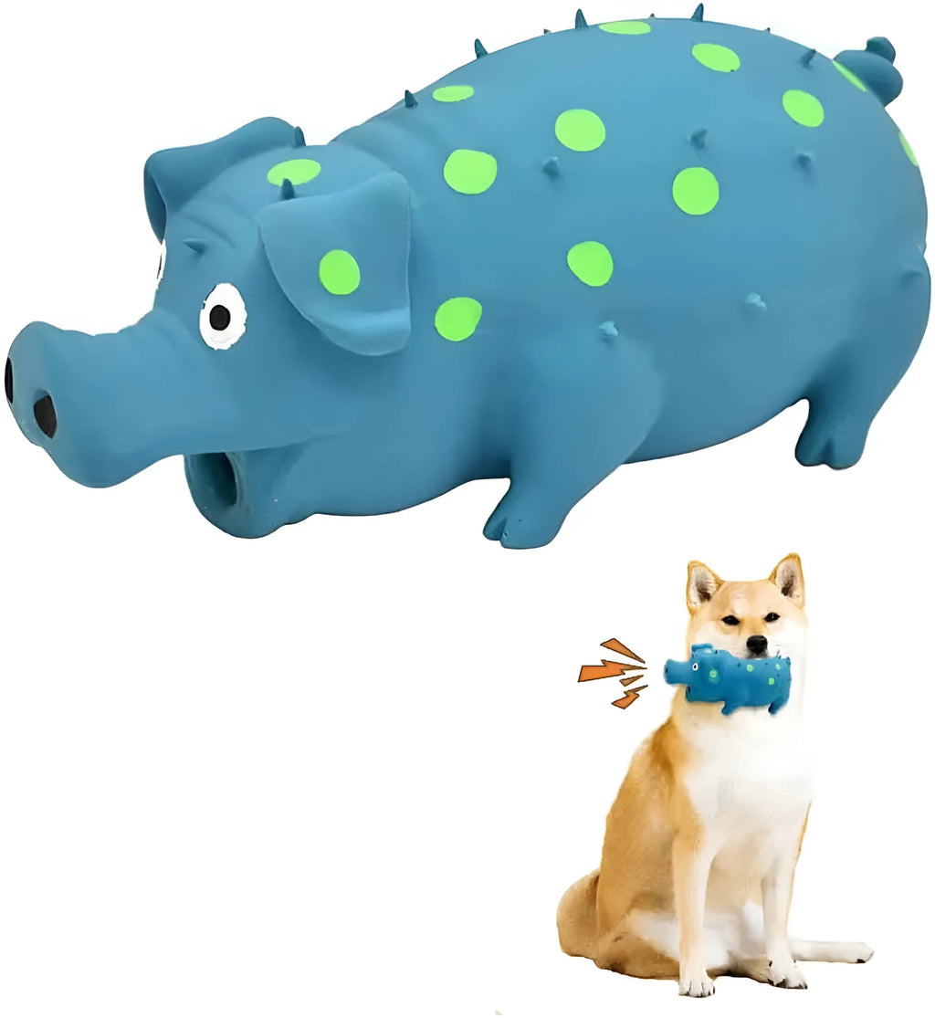 Colourful latex pig dog chew toy with textured surface and squeaker for aggressive chewers