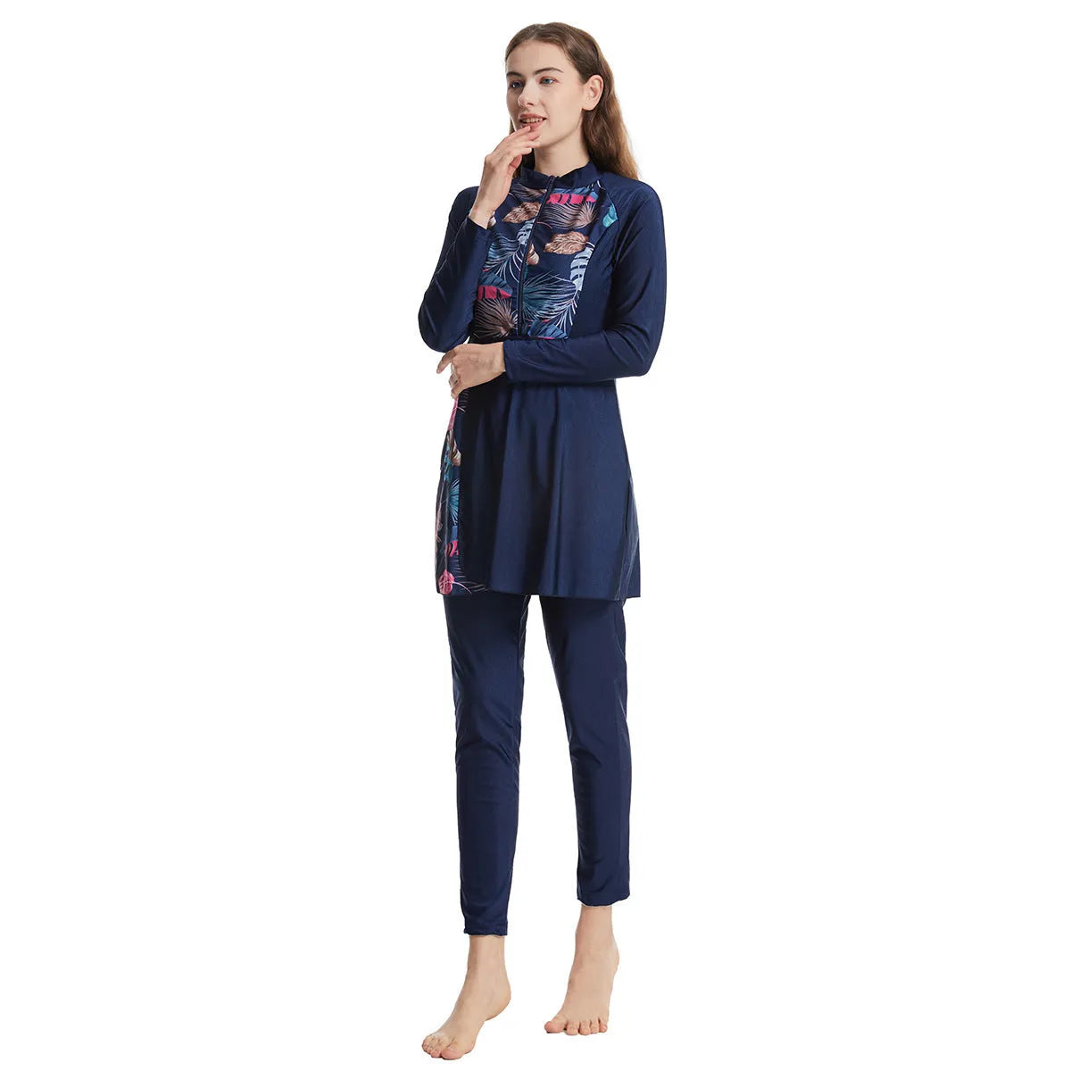 Quick-drying women's conservative swimwear three-piece suit in nylon, black colour, with stitching details