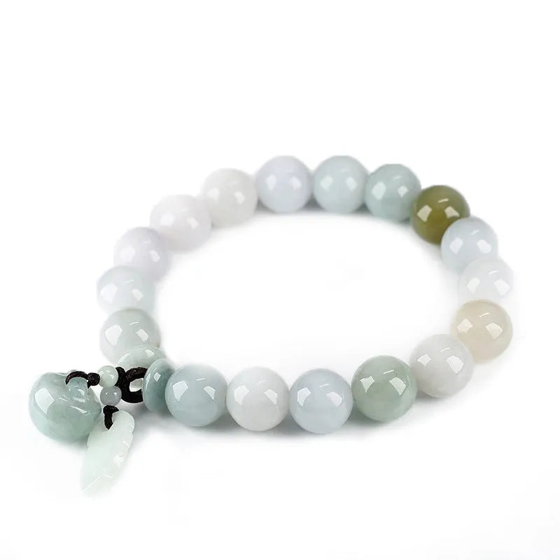 Natural green jade bracelet with geometric links and a carved Maitreya Buddha pendant.