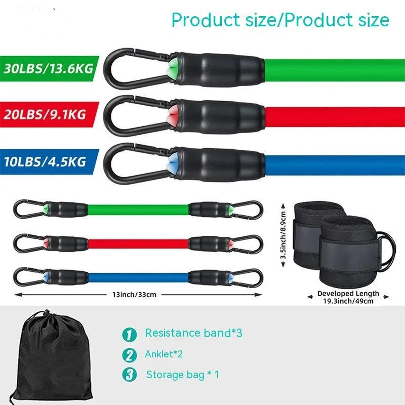 Set of three TPE resistance bands (10lb, 20lb, 30lb) with ankle buckles and foot loops for leg exercises.