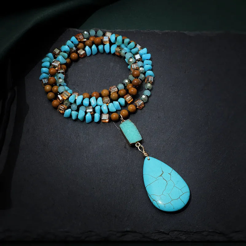 Turquoise blue big water drop pendant necklace with heart-shaped mixed gem design on ball bead chain
