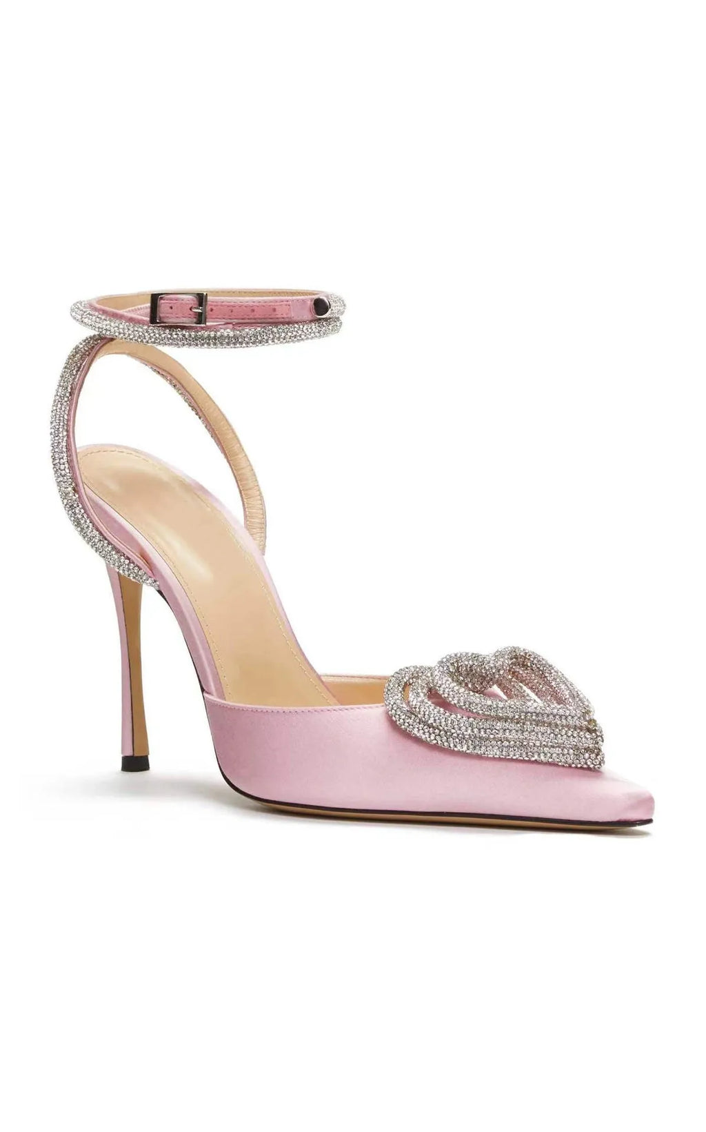 Women's pointed toe sandals with heart rhinestone on satin strap, rubber sole.