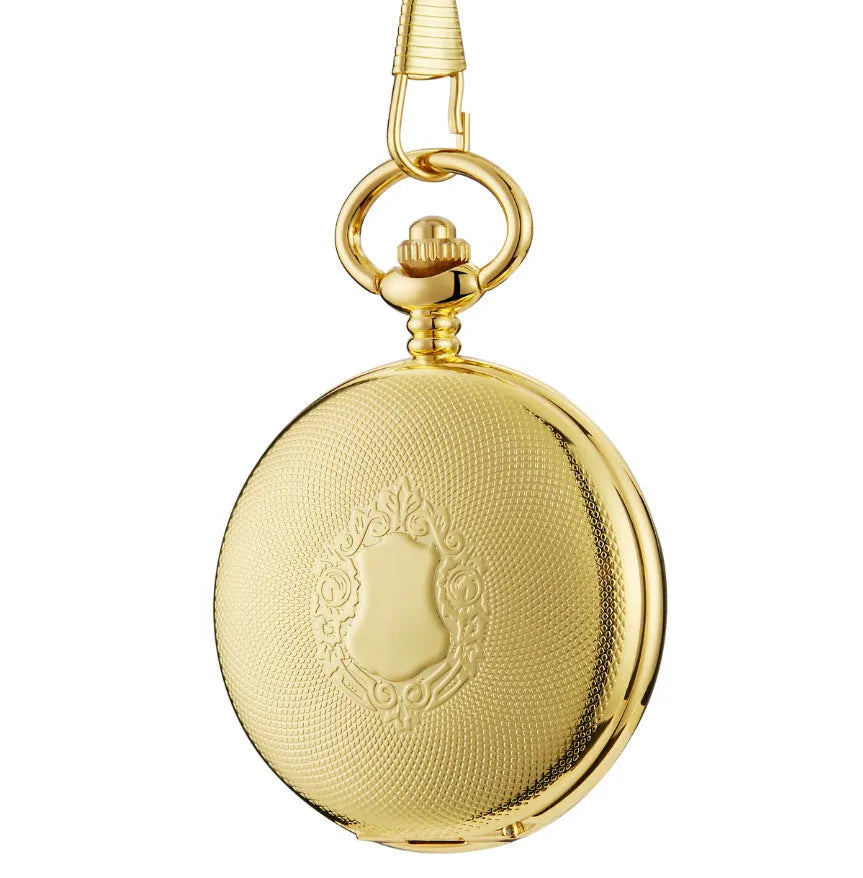 Retro floral print automatic mechanical pocket watch with transparent case back and alloy construction