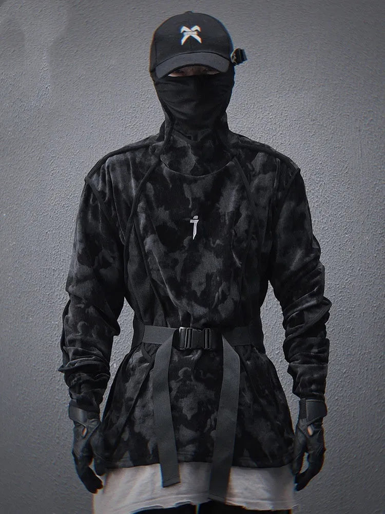 Men's black tie-dye printed turtleneck sweater with drop-shoulder sleeves