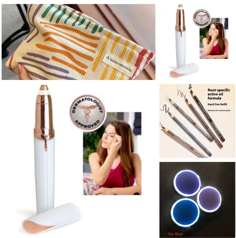 Eyebrow epilator pen with gold plated head and LED light on pink background