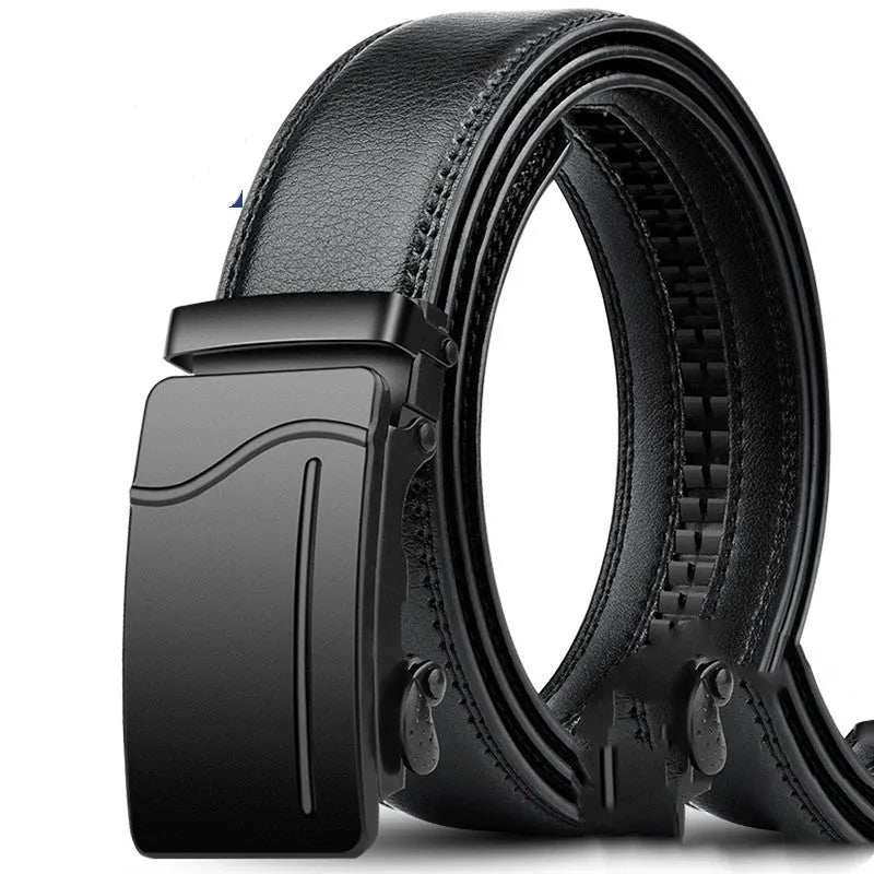 Men's leather belt with automatic buckle, cowhide body, 3.5cm width, black surface finish, size 115cm