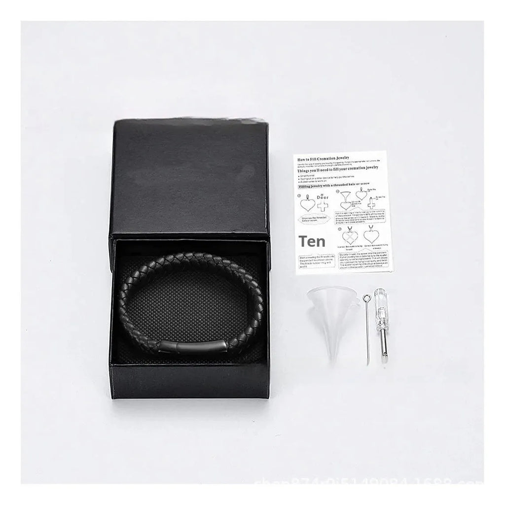 Black leather woven stainless steel casket bracelet with personalised lettering