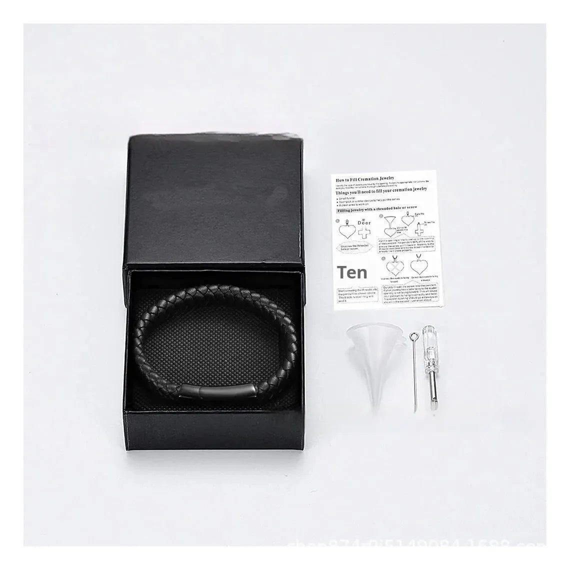 Black leather woven stainless steel casket bracelet with personalised lettering