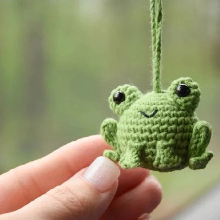 Handmade green plush frog woven pendant for car rear-view mirror.