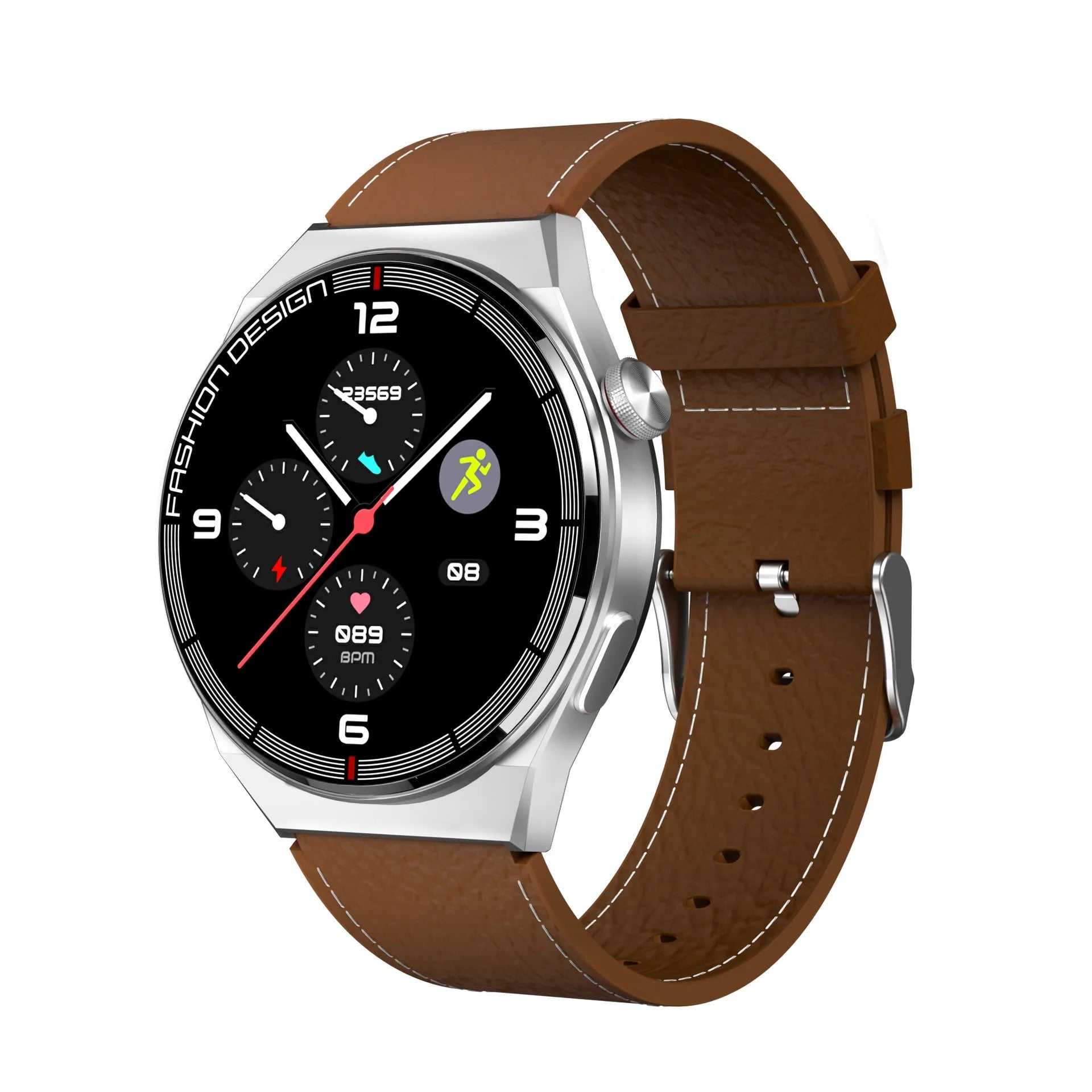 Smartwatch with black case and silicone strap showing Bluetooth calling and health monitoring features