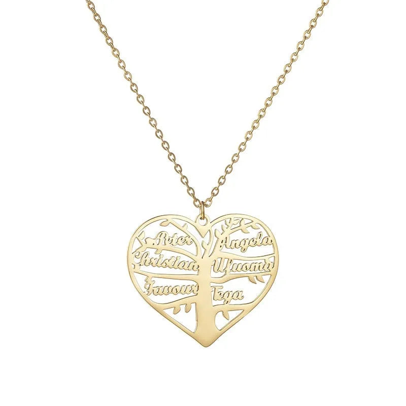 Personalised stainless steel necklace with a custom name heart pendant and lucky tree charm on an adjustable chain.