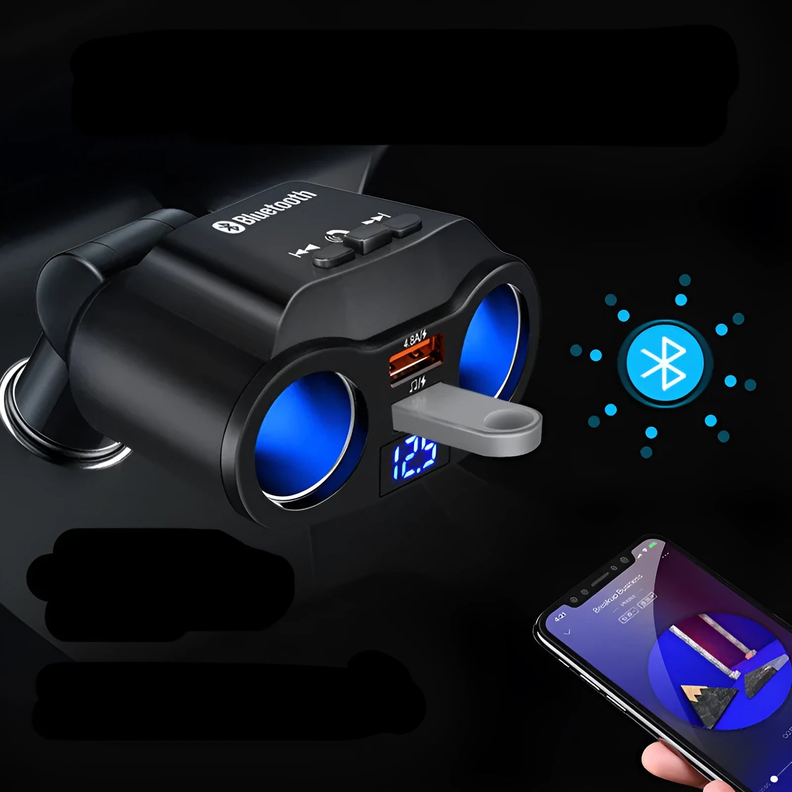 Car Bluetooth FM transmitter with cigarette lighter plug and multiple colour options