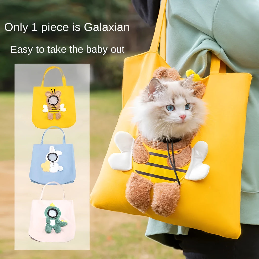 Canvas pet carrier bag with animal patterns and safety zippers in blue colour