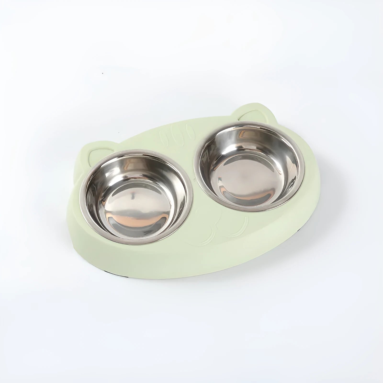 Blue plastic dual-bowl pet feeder tray for cat food and water on a white background.