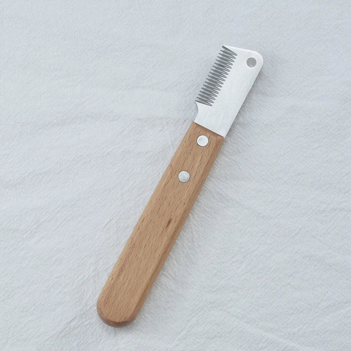 Pet stripping comb with wood handle showing long and short size options for dog and cat grooming