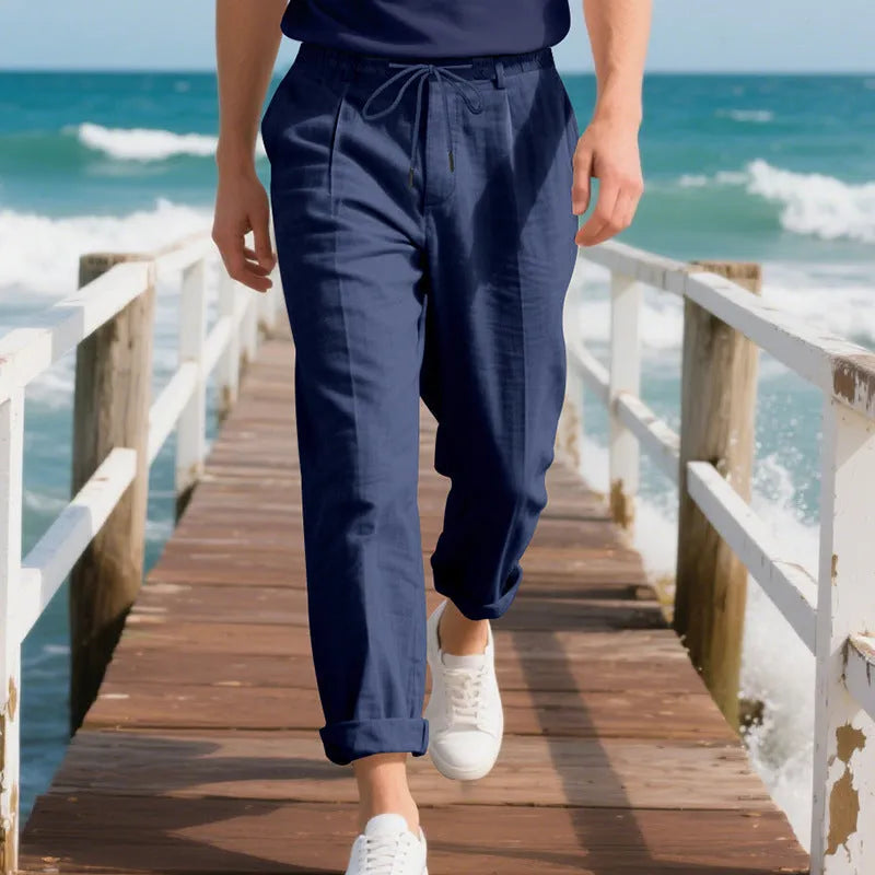 Men's linen casual trousers in loose straight fit with drawstring waist in various colours