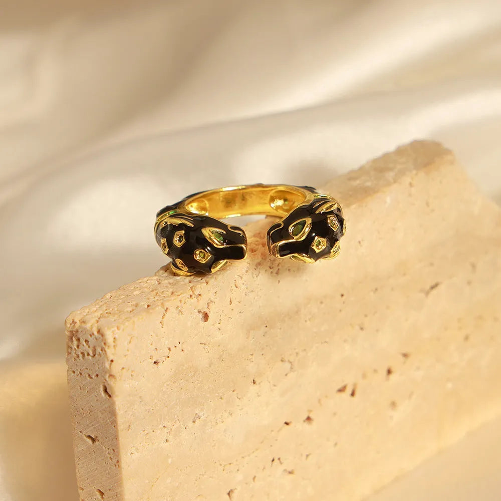 Black cheetah pattern geometric open copper ring for women size no. 7