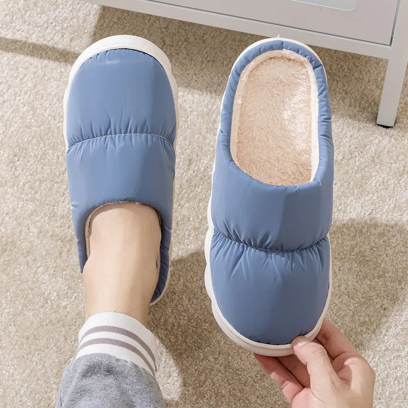 Down cotton couple slippers with artificial leather upper and non-slip rubber soles in multiple colour options