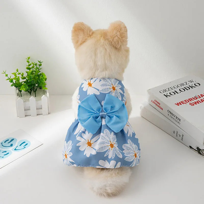Ultra-thin floral butterfly knot princess dress for dog or cat on a hanger, showing bow colour options.