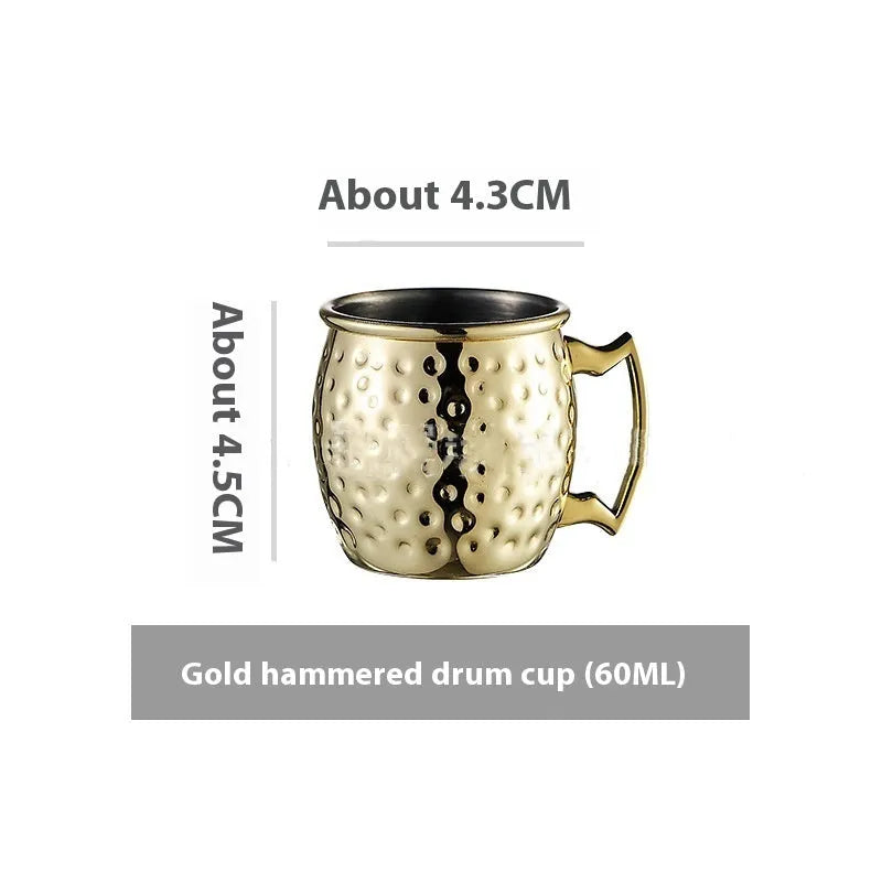 Stainless steel Moscow Mule cup with copper-plated finish in hammered and plain styles.