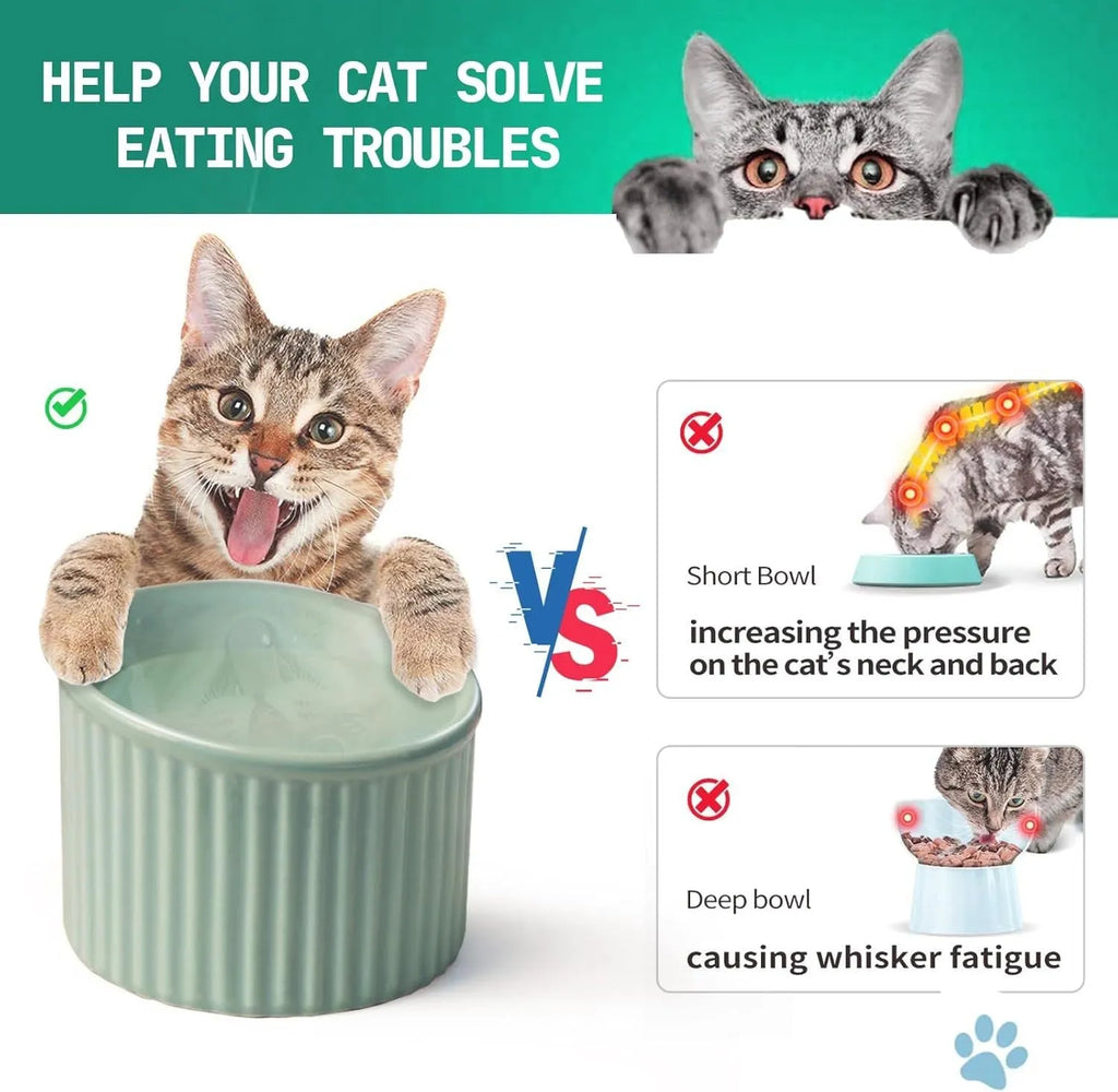 A dark green ceramic elevated cat bowl on a wooden surface, showing its tilted, round shape.
