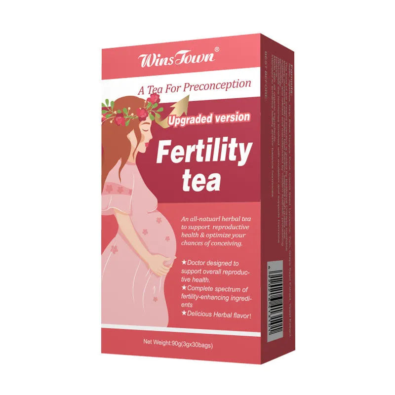 Box of fertility tea containing three packs with 30 tea bags each for reproductive health support