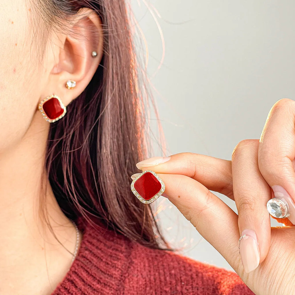 Red geometric square plate earrings with retro style and inlaid detailing