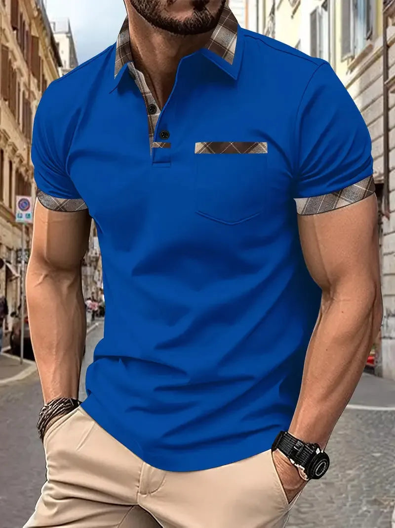 Men's loose fit plaid colourblock short sleeve T-shirt on a white background