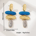 A pair of simple geometric stud earrings with a multicolour electroplated finish on a white background.